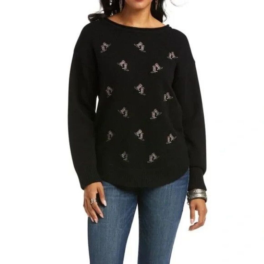 ARIAT Women All Boots Black Sweater Large Embroidered Roll Neck Pullover Western